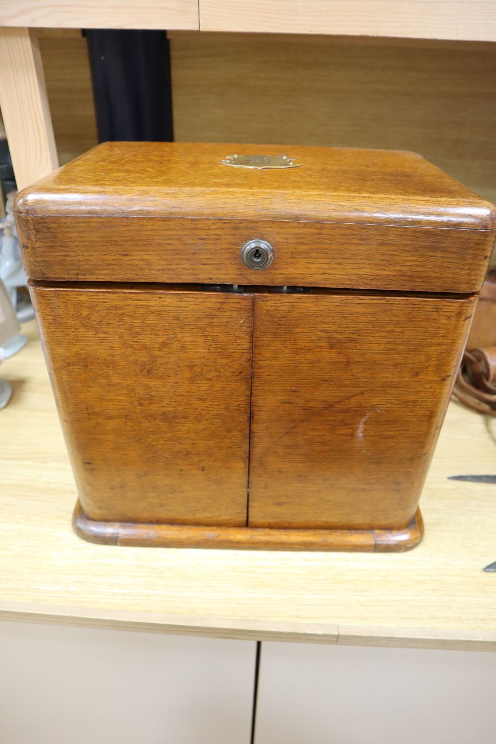 A Victorian oak-cased decanter / games box, height 33cm